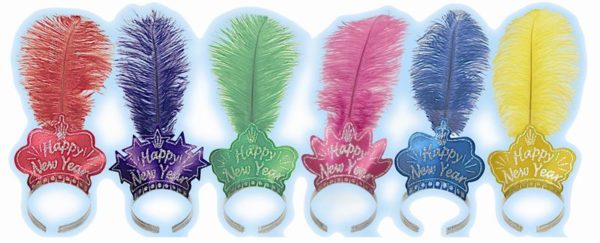 Assorted Glittered Happy New Year Tiaras w/Matching Color Plumes -Bulk-