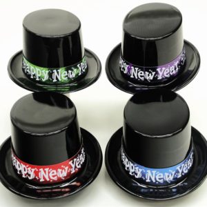 Black Plastic Top Hat with Foil Happy New Year Band - Bulk -
