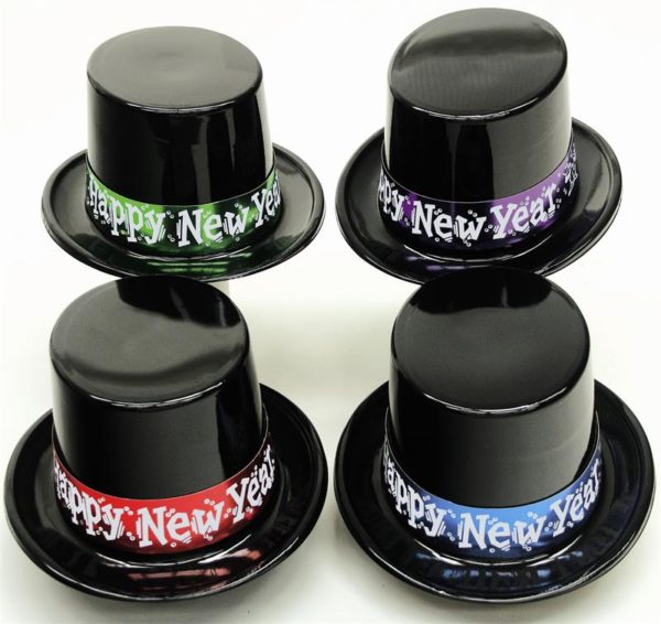 Black Plastic Top Hat with Foil Happy New Year Band - Bulk -