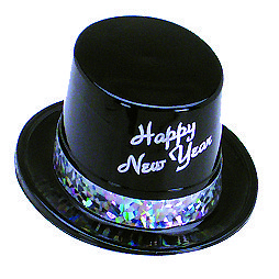 Black Plastic Happy New Year Top Hat with Silver Prismatic Band -Bulk-