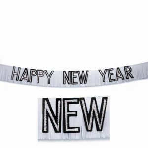 Black Glittered Happy New Year Banner Fringe