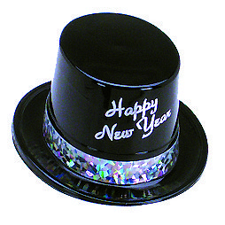 Black Plastic Happy New Year Top Hat with Silver Prismatic Band