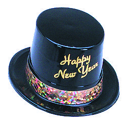Black Plastic Happy New Year Top Hat with Gold Prismatic Band