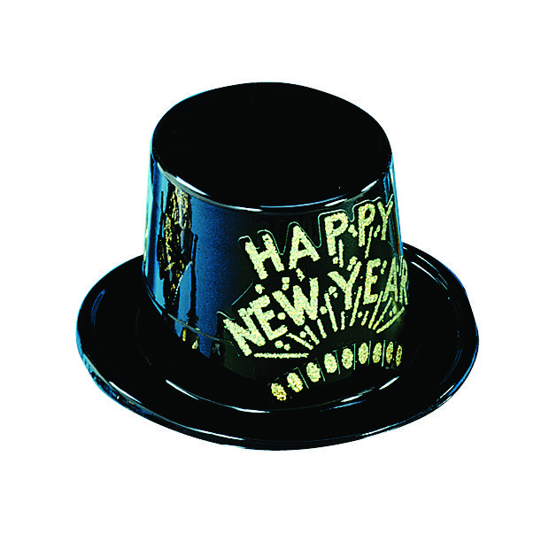 Black Top Hat with Gold Glitter Happy New Year -Bulk-