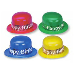 Plastic Derbies with Foil Happy Birthday Band